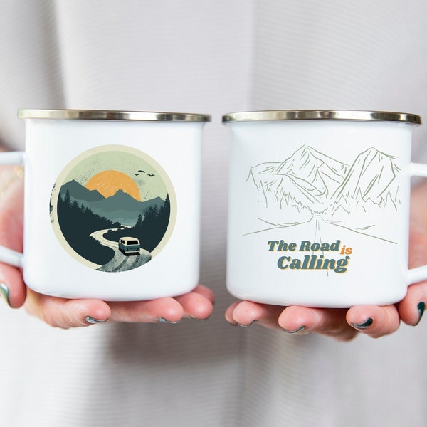 Enamel Camp Mug |Retro Van Roadtrip Camping Mug - 12 oz Retro Camping Mug - Gift for Outdoor Enthusiasts and Adventure Seekers! Camping Gift