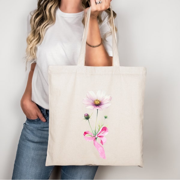 Wildflower and Bow Canvas Tote Bag | Cotton Tote Bag | Reusable Grocery Bag | Stylish Shopping Tote | Book Tote Bag | Library Tote
