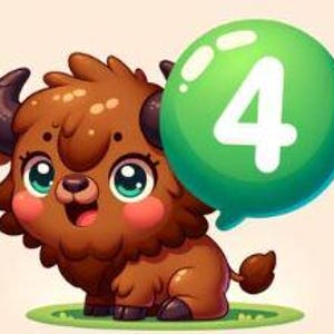 May include: A brown cartoon bison with big eyes and a happy expression. The bison is holding a green balloon with the number 4 on it.