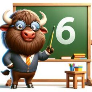 May include: A cartoon brown and white furry bison wearing glasses and a blue suit with a yellow tie is pointing to the number 6 on a green chalkboard. The bison is a teacher.