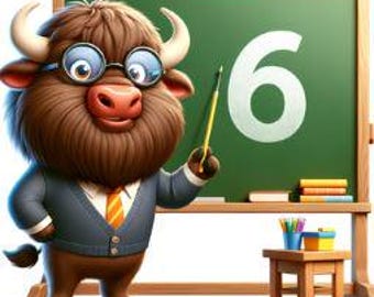 Könnte beinhalten: Ein braunes und weißes pelziges Bison-Cartoon, das eine Brille und einen blauen Anzug mit einer gelben Krawatte trägt, zeigt auf die Zahl 6 an einer grünen Tafel. Das Bison ist ein Lehrer.