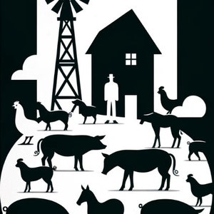 May include: Black and white illustration of a farm with a windmill, a barn, and various animals, including a pig, a donkey, a chicken, and a cow. The text "ANIMAL FARM" is at the top of the image, and the text "A NOVEL STUDY" is at the bottom.