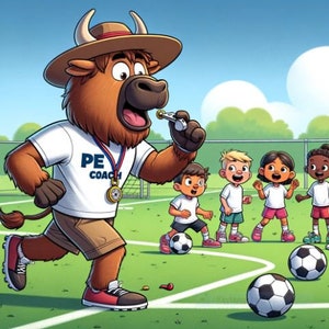 Puede incluir: Un toro de dibujos animados marrón que lleva una camisa blanca con "PE COACH" escrito en ella, sopla un silbato mientras corre por un campo verde. Cuatro niños juegan al fútbol en el campo.