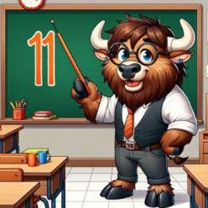 May include: A cartoon illustration of a brown furry teacher with glasses and a tie, standing in a classroom with a pointer and a chalkboard with the number 11 written on it.