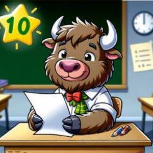 Può includere: Un bisonte marrone di cartone animato con una camicia bianca e una cravatta a farfalla rossa è seduto a una scrivania in una classe. Il bisonte tiene un pezzo di carta con una stella sopra la testa che dice "10".