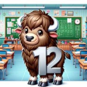 May include: A cartoon brown and white furry animal with large horns and a big smile stands in a classroom setting. The animal is holding a large silver number 12.