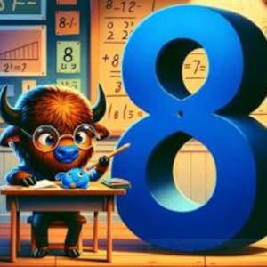 May include: A blue cartoon bison wearing glasses sits at a desk with a blue toy and a pencil. The bison is looking at a large blue number 8. The image includes maths equations on a chalkboard in the background.