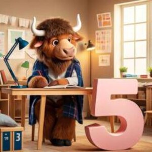 May include: A cartoon bull character wearing a blue plaid blazer sits at a wooden desk, writing. A large pink number 5 stands beside the desk. The scene is set in a classroom with a window and various educational items.