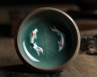 Handmade Koi Fish Ceramic Japanese Tea Cup - Set of 4 Designs - Artistic Home Decor and Perfect Gift for Tea Enthusiasts