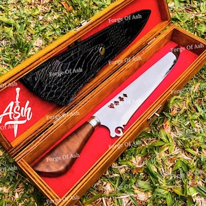 Hand-Forged Chef Knife: 12c27 Steel Blade, Rosewood Handle, Leather Sheath