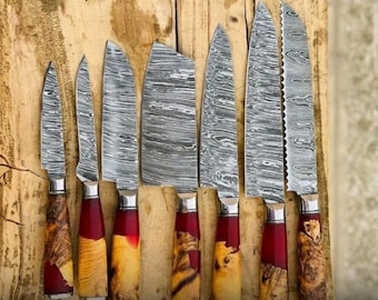 Damascus Steel Knife Set Hand Forged - 7 Piece Professional Chef Knives with Ash Wood Resin Handles - Custom Handmade Kitchen Cutlery Set