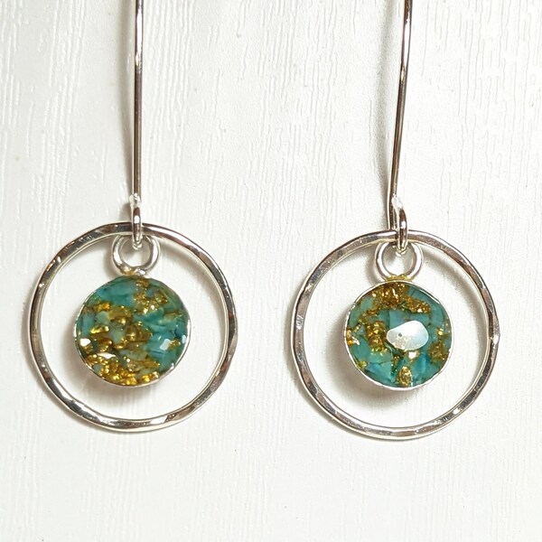 Dangling earrings, Turquoise glass, Sterling silver, Gold