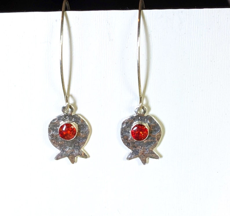 Dangling earrings, Pomegranate , Sterling silver, Red Glass image 1