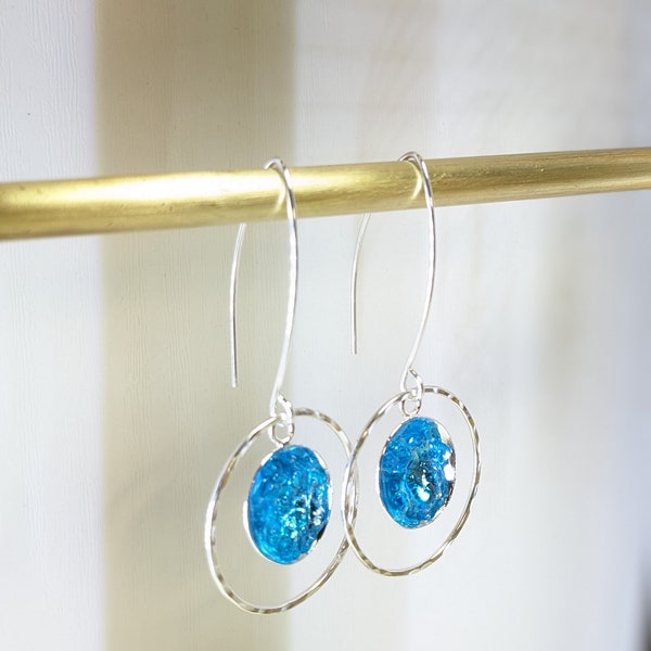 Dangling earrings, Sky Blue glass, Sterling silver