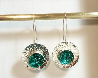 Dangling round earrings, Turquoise glass, Sterling silver