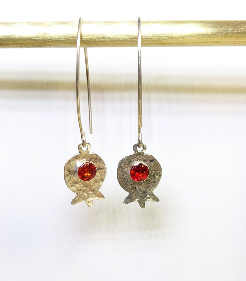 Dangling earrings, Pomegranate , Sterling silver, Red Glass image 2