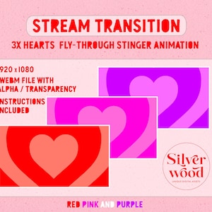 3x Twitch Stream Scene Stinger Transition, Pink Heart Stinger Twitch Transition, Red Heart Stream Transition, Cute Purple Stinger Transition