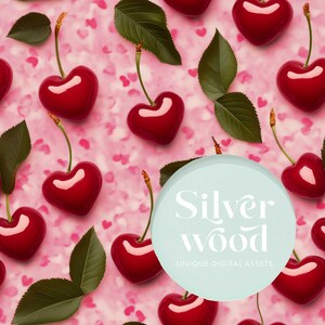 May include: A pink background with a pattern of small white hearts.  Heart-shaped red cherries are scattered across the background.  A white circle with the text "Silver Wood Unique Digital Assets" is in the center of the image.
