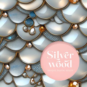 May include: Abstract digital art featuring a repeating pattern of white, glossy, scale-like shapes outlined in gold. The design is embellished with various jewel-toned gems and a textured, light blue accent. A pink circle with the text "Silverwood" is in the lower right.