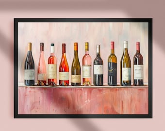 Peut inclure: Une peinture encadrée représentant une rangée de dix bouteilles de vin sur une étagère. Les bouteilles sont un mélange de vins rouges, blancs et rosés. L'arrière-plan est de couleur rose clair.