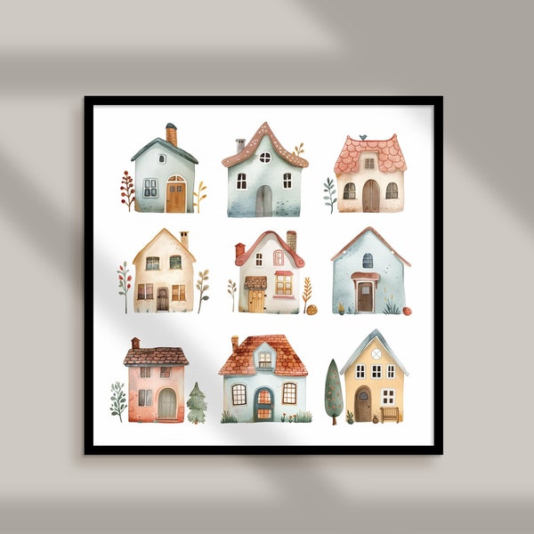 Cute Houses Watercolor | Nursery Art Decor | Baby Room Decor | Baby Neutral Art | Nursery Watercolor Art