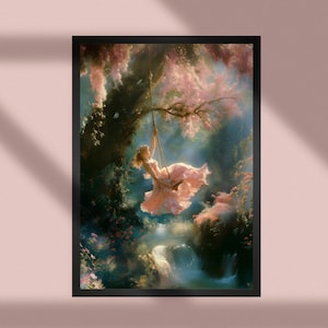 May include: A painting depicting a woman in a pink dress swinging on a rope swing in a verdant forest setting. The woman is surrounded by pink blossoms and foliage, with a waterfall visible in the background.