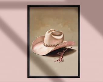 Peinture à l'huile de chapeau de cowboy rose : art de cow-girl vintage (téléchargement numérique)