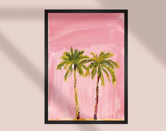 Palm Tree Watercolor Painting | Tropical Art Decor | Watercolour Wall Art Minimal Pink Green Botanical Painting | Green Palm Tree Home Decor