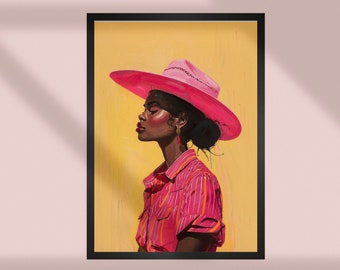 Pink Cowgirl Hat Art: Black Woman Portrait, Western Decor (Digital Download)