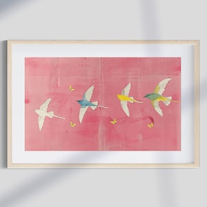Pink Birds & Butterflies Art Print | Abstract Painting | Girl Apartment Decor | Pink Wall Art | DOWNLOADABLE PRINT | Girly Office Painting