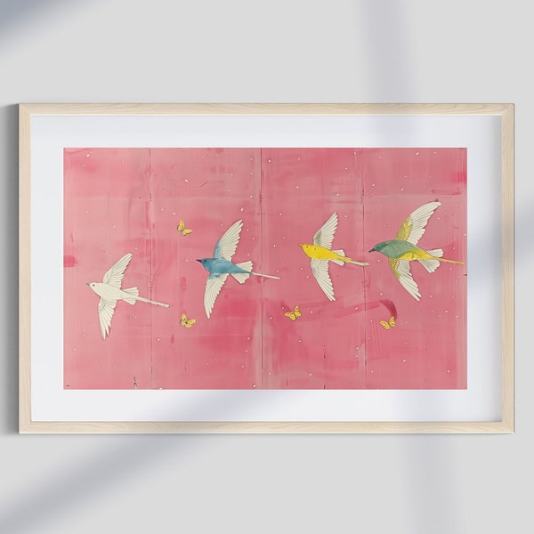 Impresión artística de pájaros y mariposas rosas / Pintura abstracta / Decoración de apartamento de niña / Arte de pared rosa / IMPRESIÓN DESCARGABLE / Pintura de oficina femenina