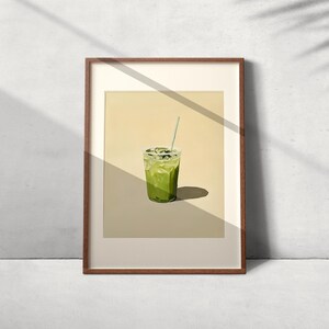 Minimalist painting of an iced matcha latte in a clear plastic cup with straw, set against a beige background, perfect for modern kitchen wall art.