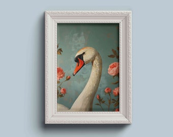 Swan Oil Painting Print: Eclectic Floral Home Decor (Digital Download)