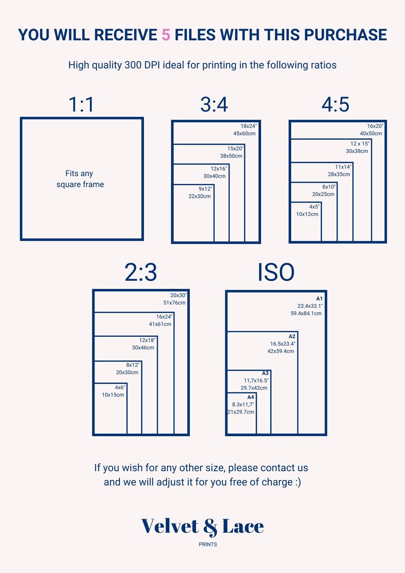 May include: A graphic showing different aspect ratios for digital prints, including 1:1, 3:4, 4:5, 2:3, and ISO. The graphic shows the dimensions in inches and centimeters for each aspect ratio.
