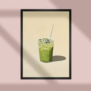 May include: A green iced drink with a straw in a clear plastic cup. The drink is on a light yellow background.