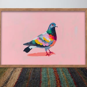 Stampa artistica di piccione colorato / Dipinto moderno di uccello su rosa / Decorazione murale di fauna selvatica urbana / Poster di animali contemporanei audaci / Download digitale