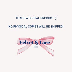 May include: A pink watercolor bow with the text "Velvet & Lace Prints" in navy blue.