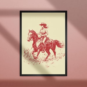 Vintage red line illustration of a cowgirl riding a galloping horse through grass, set on a cream background in rustic Western style.