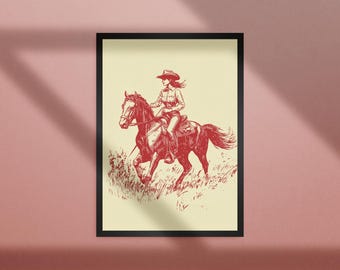 Vintage Cowgirl Horseback Riding Art Print: Western Rodeo Decor (Digital Download)