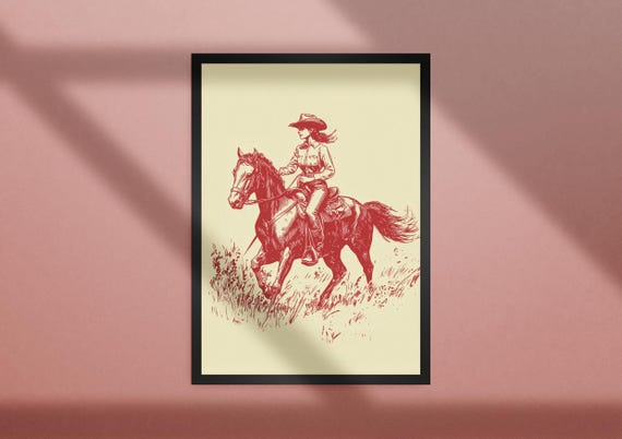 Vintage Cowgirl Horseback Riding Art Print: Western Rodeo Decor (Digital Download)