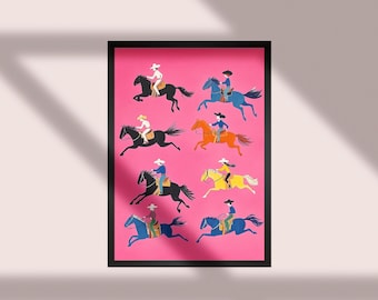 Pink Cowboy Riders-print: gedurfde westelijke muurkunst, moderne eclectische kunst (digitale download)