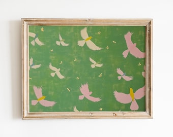 Birds & Butterflies Art Print | Abstract Painting | Girl Apartment Decor | Green Wall Art (Digital Download)