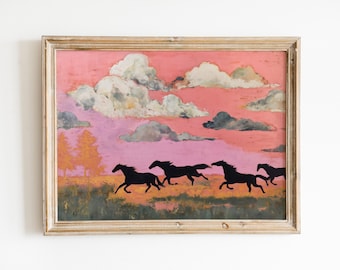 Wild Horses Pink Sunset Art Print | Vintage Western Painting (Digital Download)