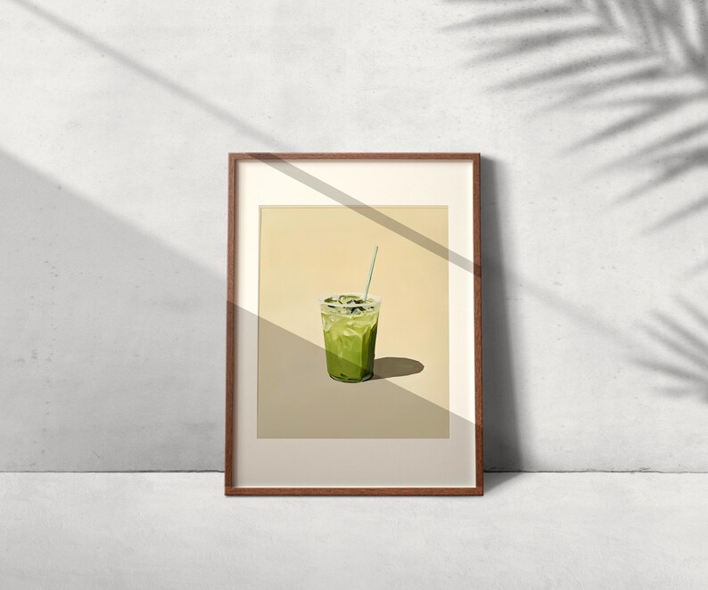 Minimalist painting of an iced matcha latte in a clear plastic cup with straw, set against a beige background, perfect for modern kitchen wall art.