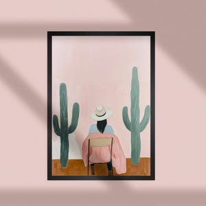 Desert Cowgirl Wall Art Print | Western Minimalist Painting | Pink Cactus Art for Boho Room & Southwest Home Decor