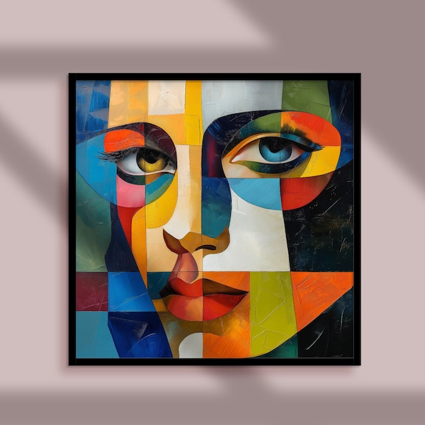 Portrait de femme cubiste | Tableau portrait cubiste | Impression d'art moderne colorée surréaliste