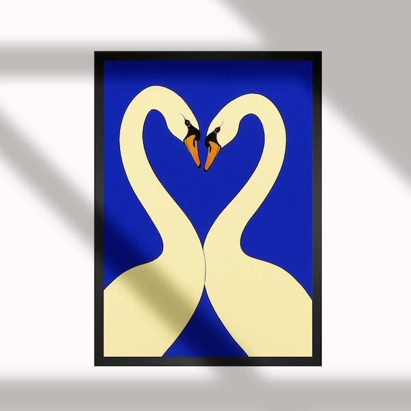 Swan Love Art Print: Abstract Minimalist Blue Animal Poster (Digital Download)