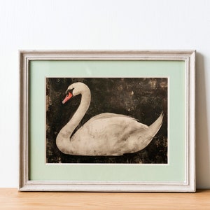 Witte zwaan schilderij | Vintage zwaankunstafdruk | Downloadbare afdruk | Vrouwelijke muurkunst | Donker academische inrichting