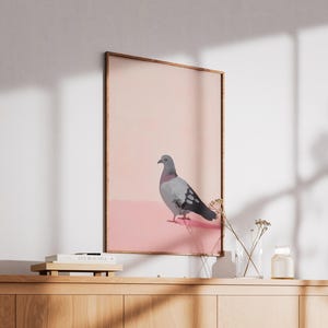 Pigeon Wall Art Print | Minimal Bird Painting with Pink Background | Urban Animal Decor | Modern Printable Bird Illustration