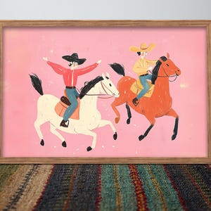 Playful Cowboy Wall Art Print | Western Illustration with Horses on Pink | Cute Rodeo Country Decor | Digital Download Poster